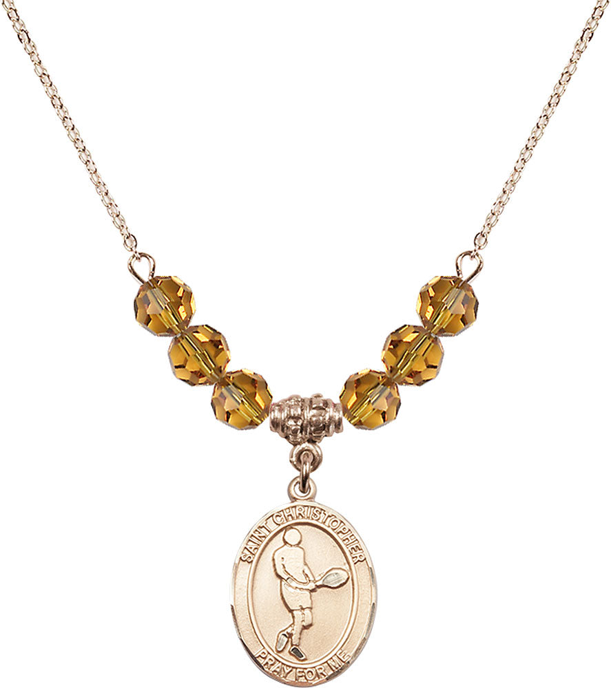14kt Gold Filled Saint Christopher/Tennis Birthstone Necklace with Topaz Beads - 8156