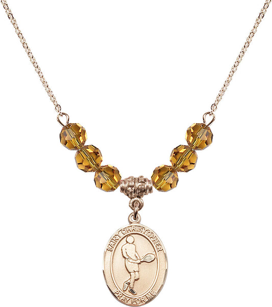 14kt Gold Filled Saint Christopher/Tennis Birthstone Necklace with Topaz Beads - 8156