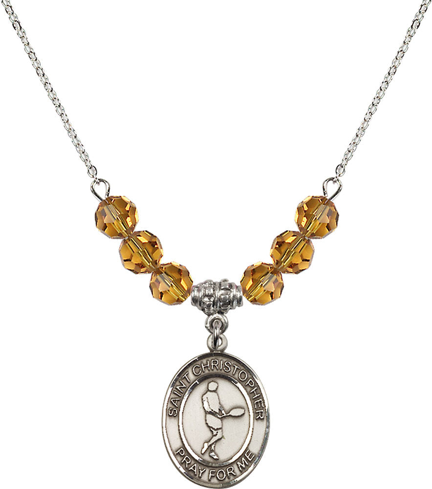 Sterling Silver Saint Christopher/Tennis Birthstone Necklace with Topaz Beads - 8156
