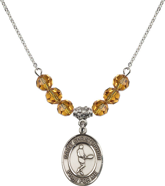 Sterling Silver Saint Christopher/Tennis Birthstone Necklace with Topaz Beads - 8156
