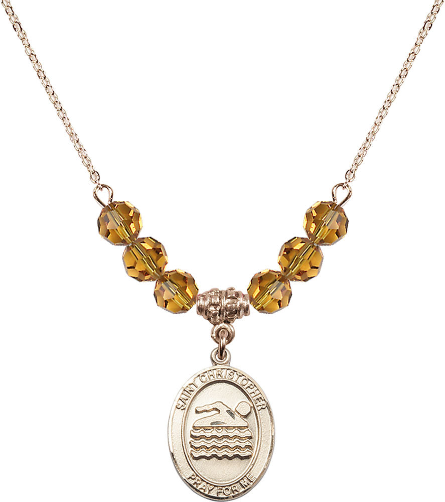 14kt Gold Filled Saint Christopher/Swimming Birthstone Necklace with Topaz Beads - 8157