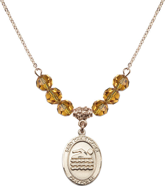 14kt Gold Filled Saint Christopher/Swimming Birthstone Necklace with Topaz Beads - 8157