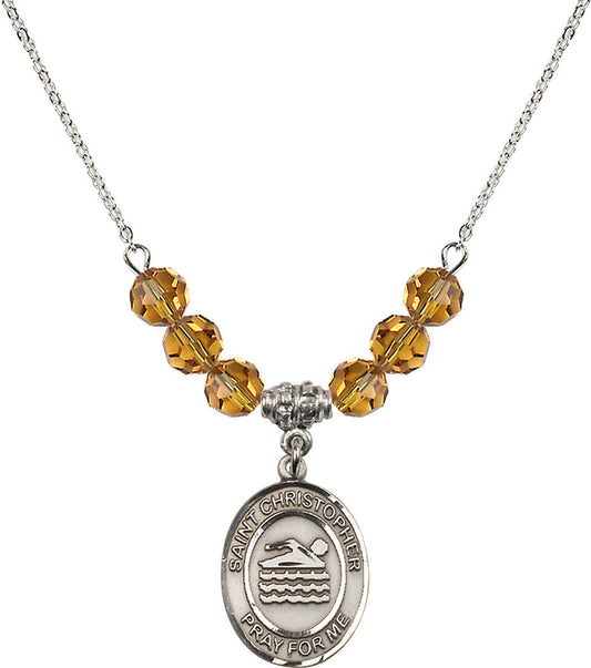 Sterling Silver Saint Christopher/Swimming Birthstone Necklace with Topaz Beads - 8157