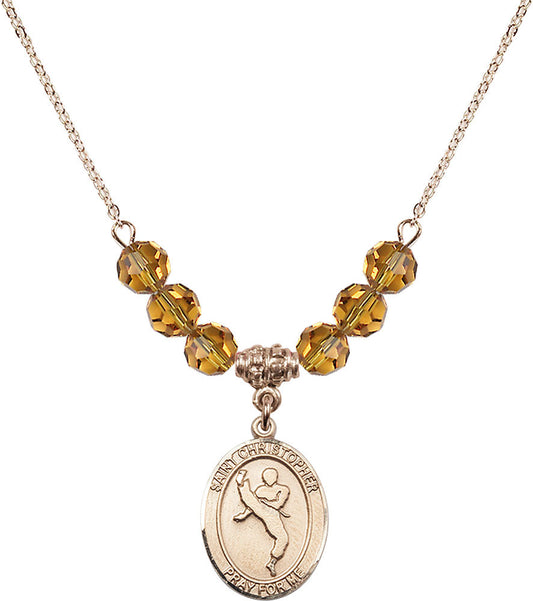 14kt Gold Filled Saint Christopher/Martial Arts Birthstone Necklace with Topaz Beads - 8158