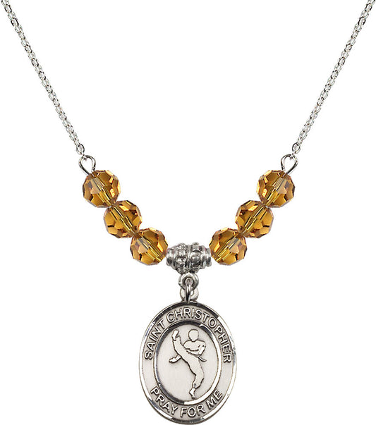 Sterling Silver Saint Christopher/Martial Arts Birthstone Necklace with Topaz Beads - 8158
