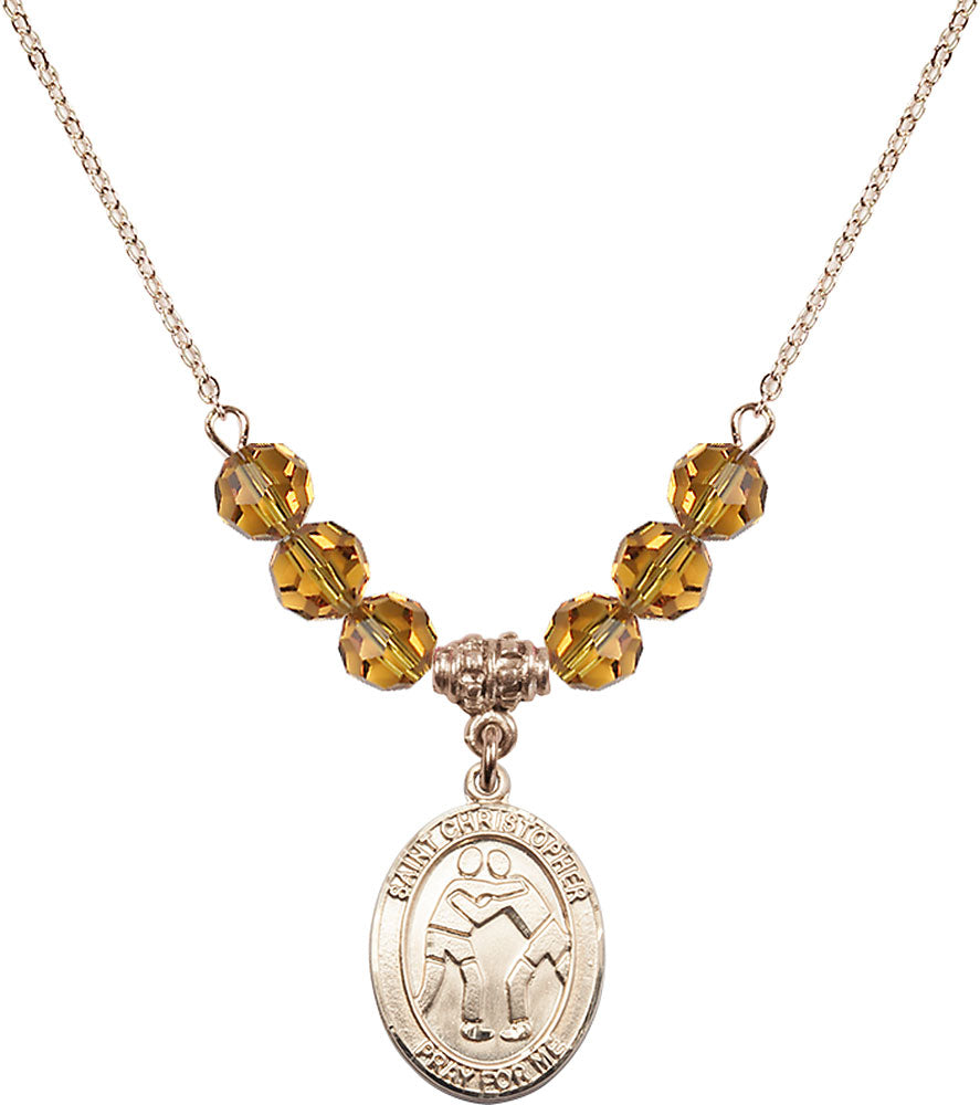 14kt Gold Filled Saint Christopher/Wrestling Birthstone Necklace with Topaz Beads - 8159