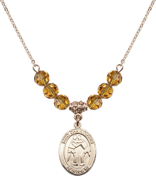 14kt Gold Filled Saint Christopher/Wrestling Birthstone Necklace with Topaz Beads - 8159