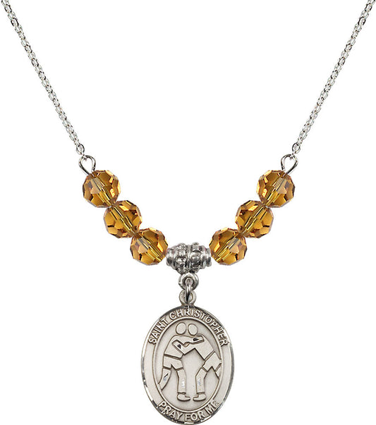 Sterling Silver Saint Christopher/Wrestling Birthstone Necklace with Topaz Beads - 8159