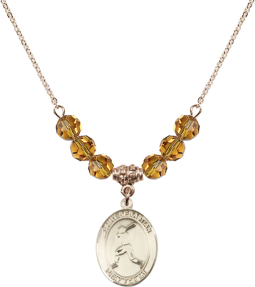 14kt Gold Filled Saint Sebastian/Baseball Birthstone Necklace with Topaz Beads - 8160