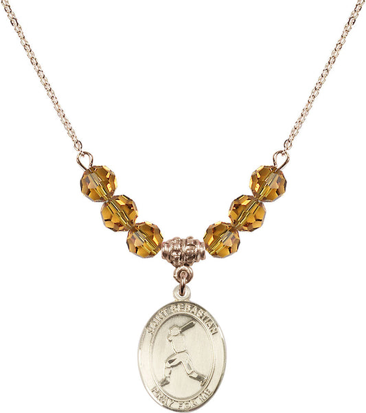 14kt Gold Filled Saint Sebastian/Baseball Birthstone Necklace with Topaz Beads - 8160