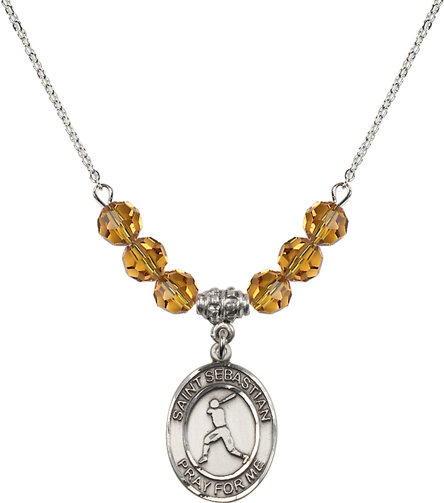 Sterling Silver Saint Sebastian/Baseball Birthstone Necklace with Topaz Beads - 8160