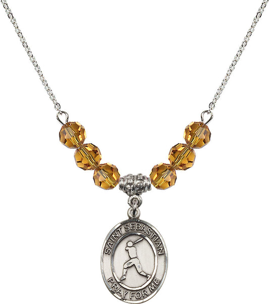 Sterling Silver Saint Sebastian/Baseball Birthstone Necklace with Topaz Beads - 8160
