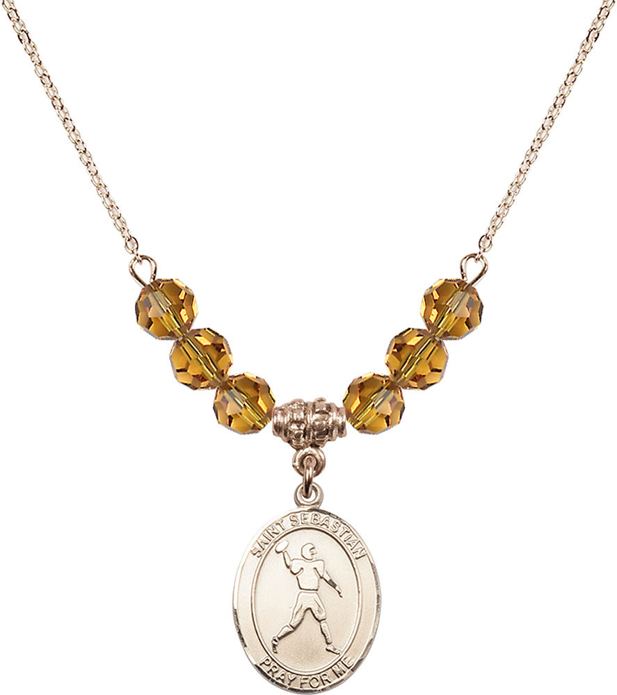 14kt Gold Filled Saint Sebastian/Football Birthstone Necklace with Topaz Beads - 8161
