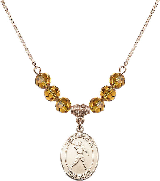 14kt Gold Filled Saint Sebastian/Football Birthstone Necklace with Topaz Beads - 8161