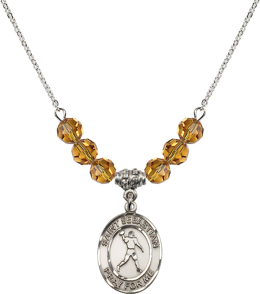 Sterling Silver Saint Sebastian/Football Birthstone Necklace with Topaz Beads - 8161