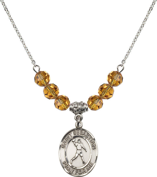 Sterling Silver Saint Sebastian/Football Birthstone Necklace with Topaz Beads - 8161