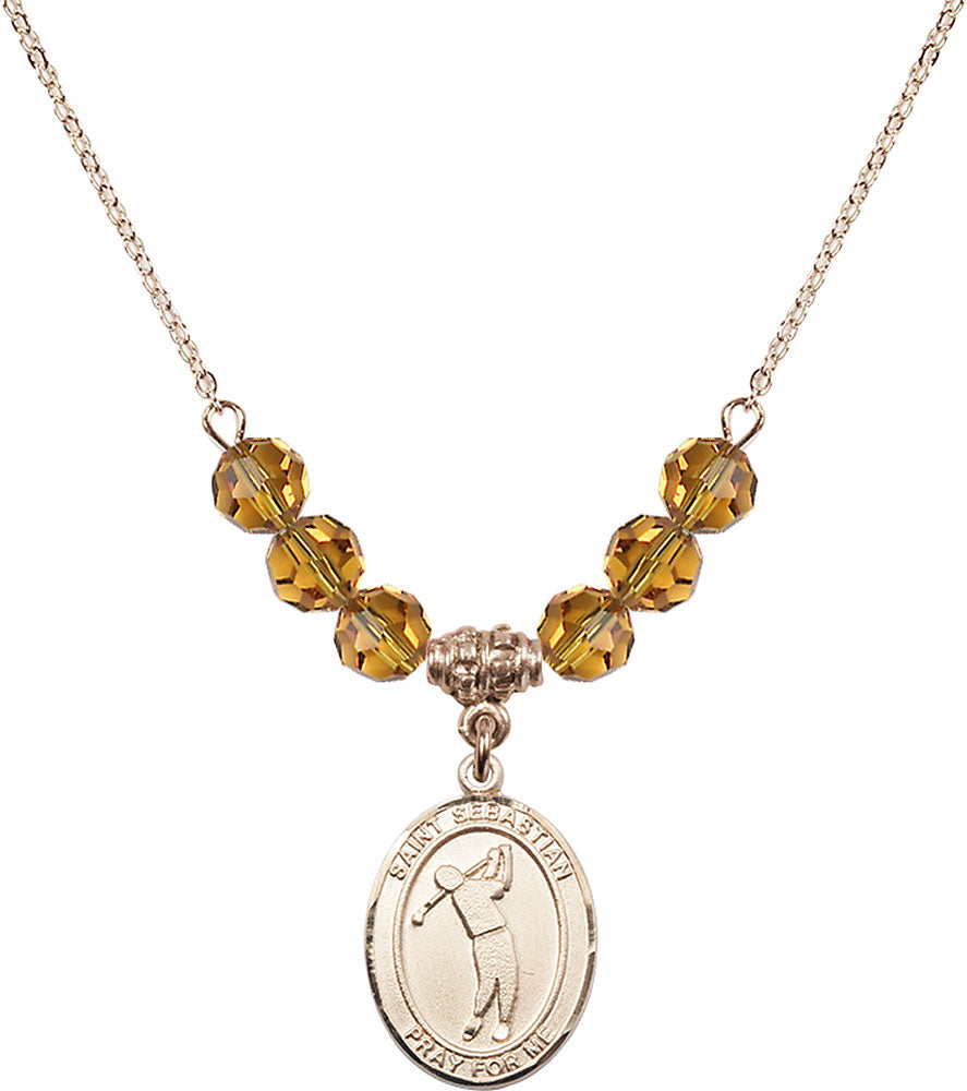 14kt Gold Filled Saint Sebastian/Golf Birthstone Necklace with Topaz Beads - 8162