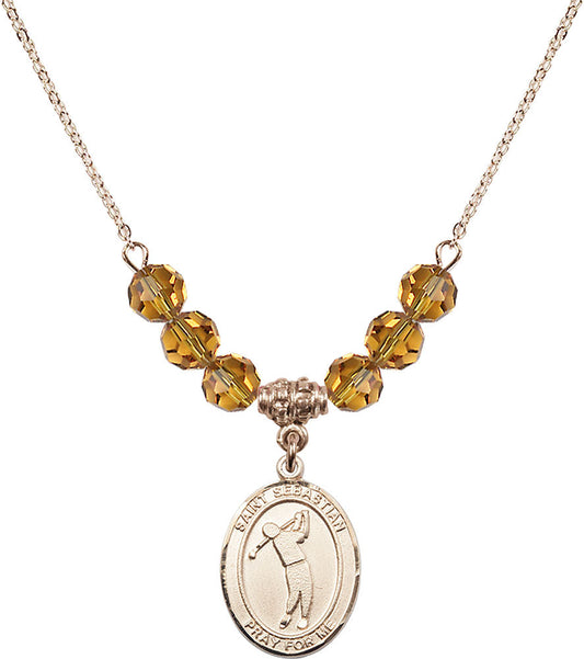 14kt Gold Filled Saint Sebastian/Golf Birthstone Necklace with Topaz Beads - 8162