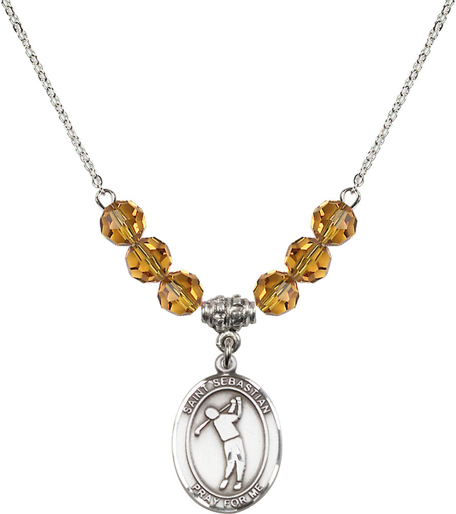 Sterling Silver Saint Sebastian/Golf Birthstone Necklace with Topaz Beads - 8162