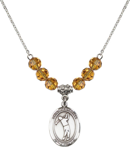 Sterling Silver Saint Sebastian/Golf Birthstone Necklace with Topaz Beads - 8162