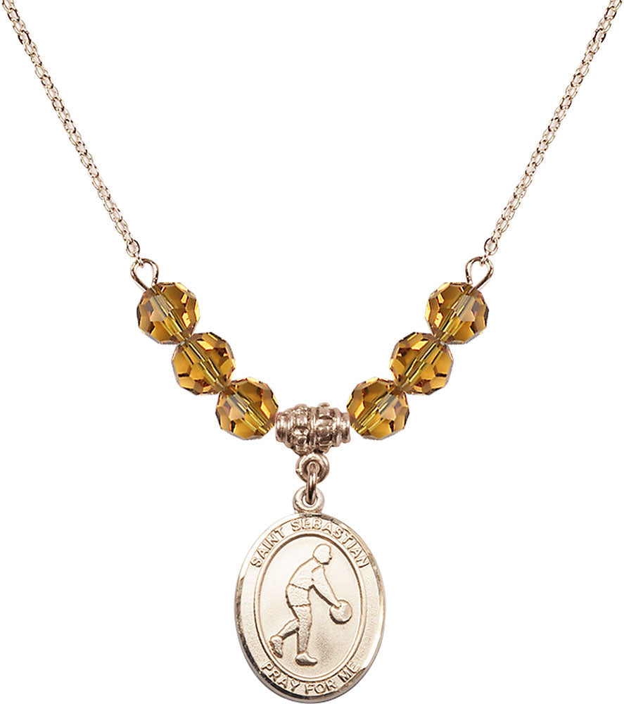 14kt Gold Filled Saint Sebastian/Basketball Birthstone Necklace with Topaz Beads - 8163