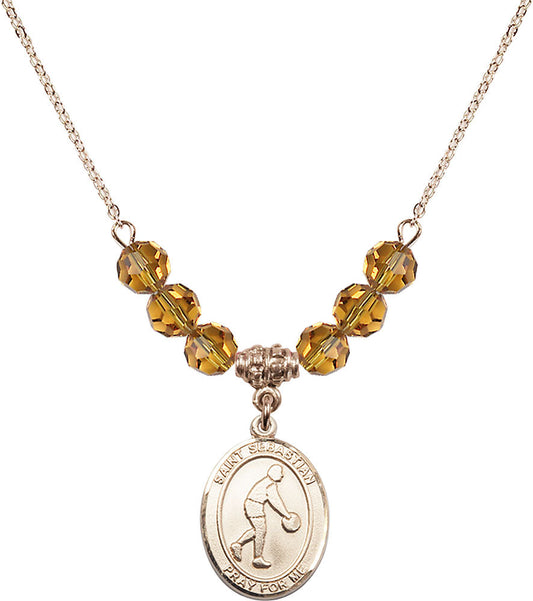 14kt Gold Filled Saint Sebastian/Basketball Birthstone Necklace with Topaz Beads - 8163