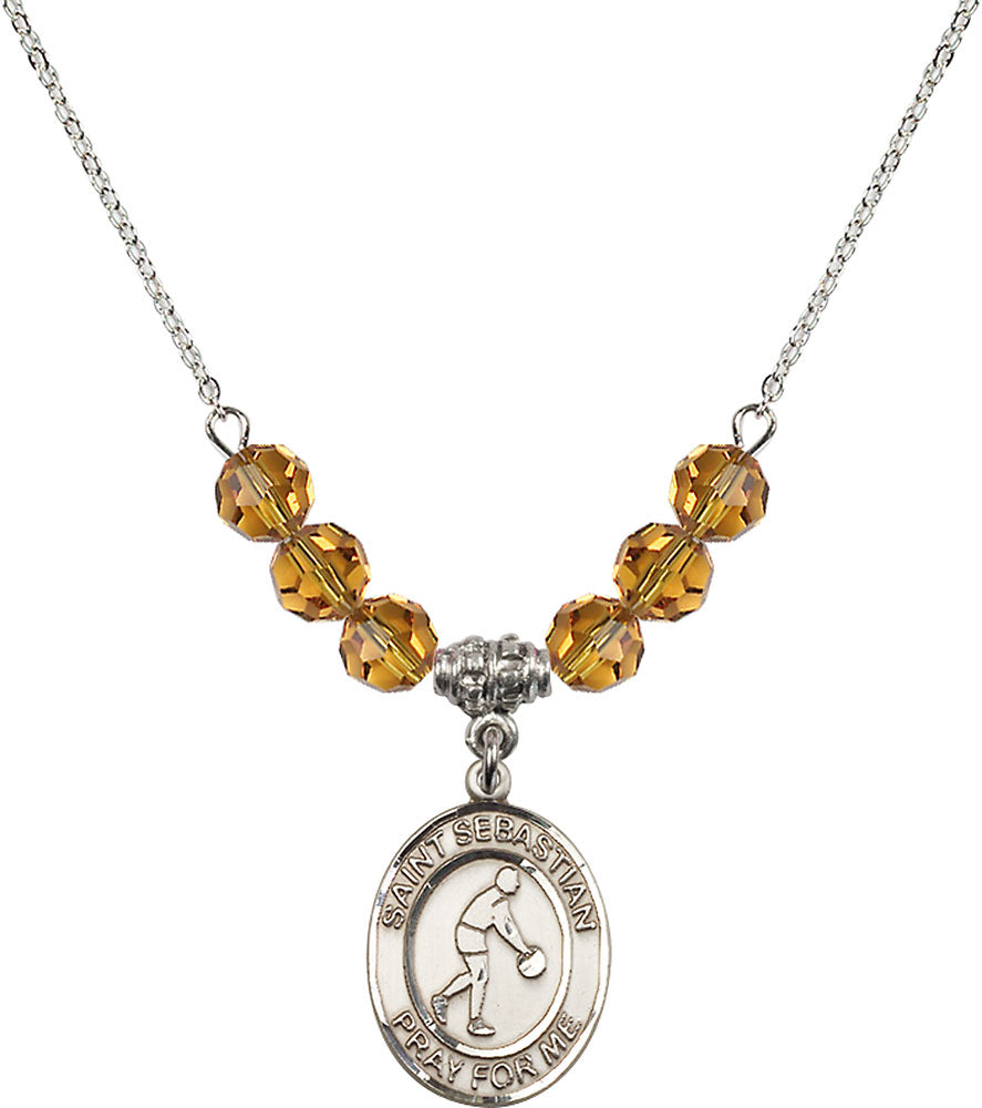 Sterling Silver Saint Sebastian/Basketball Birthstone Necklace with Topaz Beads - 8163