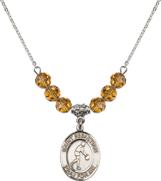 Sterling Silver Saint Sebastian/Basketball Birthstone Necklace with Topaz Beads - 8163
