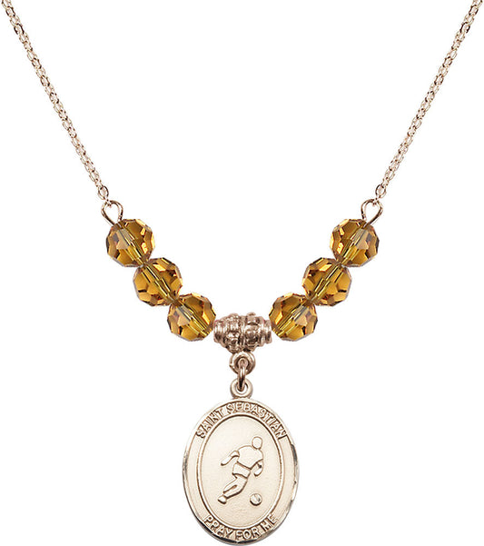 14kt Gold Filled Saint Sebastian/Soccer Birthstone Necklace with Topaz Beads - 8164