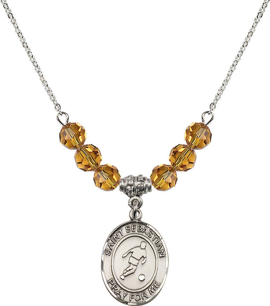 Sterling Silver Saint Sebastian/Soccer Birthstone Necklace with Topaz Beads - 8164