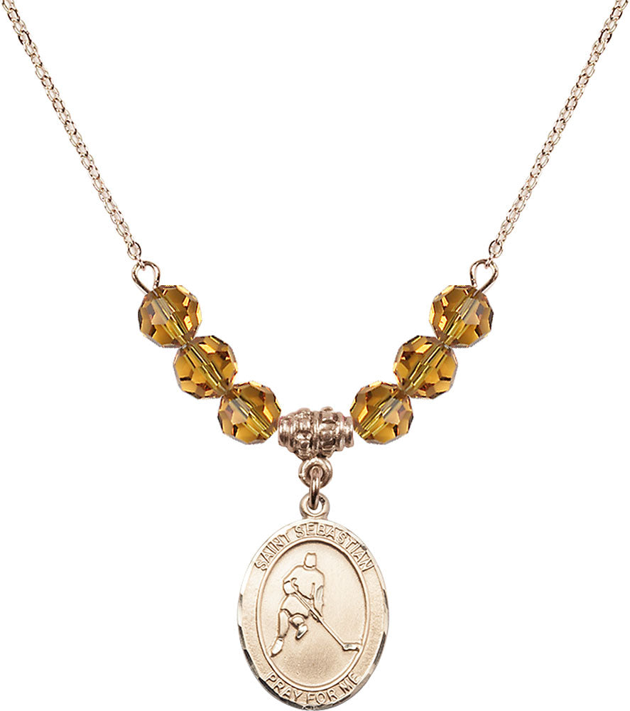 14kt Gold Filled Saint Sebastian/Ice Hockey Birthstone Necklace with Topaz Beads - 8165