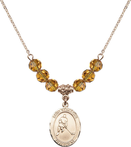 14kt Gold Filled Saint Sebastian/Ice Hockey Birthstone Necklace with Topaz Beads - 8165