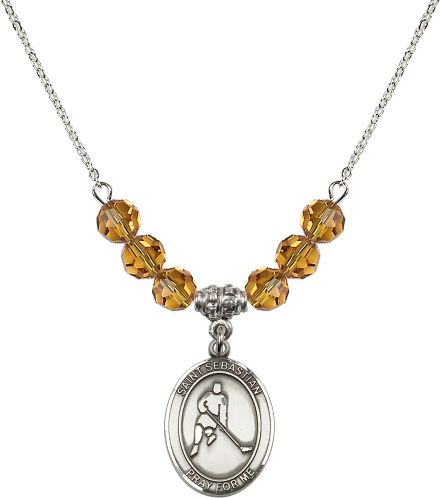 Sterling Silver Saint Sebastian/Ice Hockey Birthstone Necklace with Topaz Beads - 8165