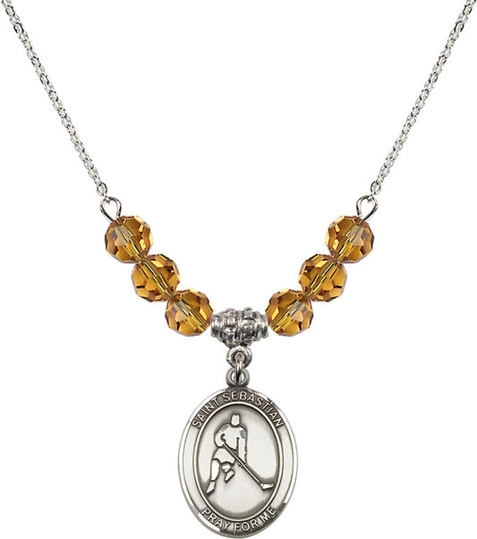 Sterling Silver Saint Sebastian/Ice Hockey Birthstone Necklace with Topaz Beads - 8165
