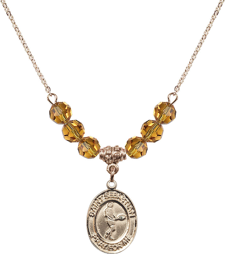 14kt Gold Filled Saint Sebastian/Tennis Birthstone Necklace with Topaz Beads - 8166