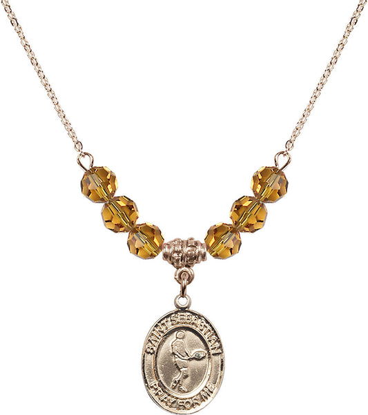 14kt Gold Filled Saint Sebastian/Tennis Birthstone Necklace with Topaz Beads - 8166