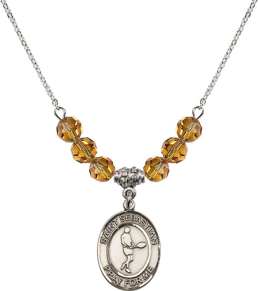 Sterling Silver Saint Sebastian/Tennis Birthstone Necklace with Topaz Beads - 8166