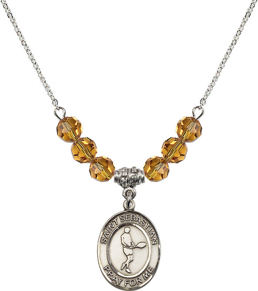 Sterling Silver Saint Sebastian/Tennis Birthstone Necklace with Topaz Beads - 8166