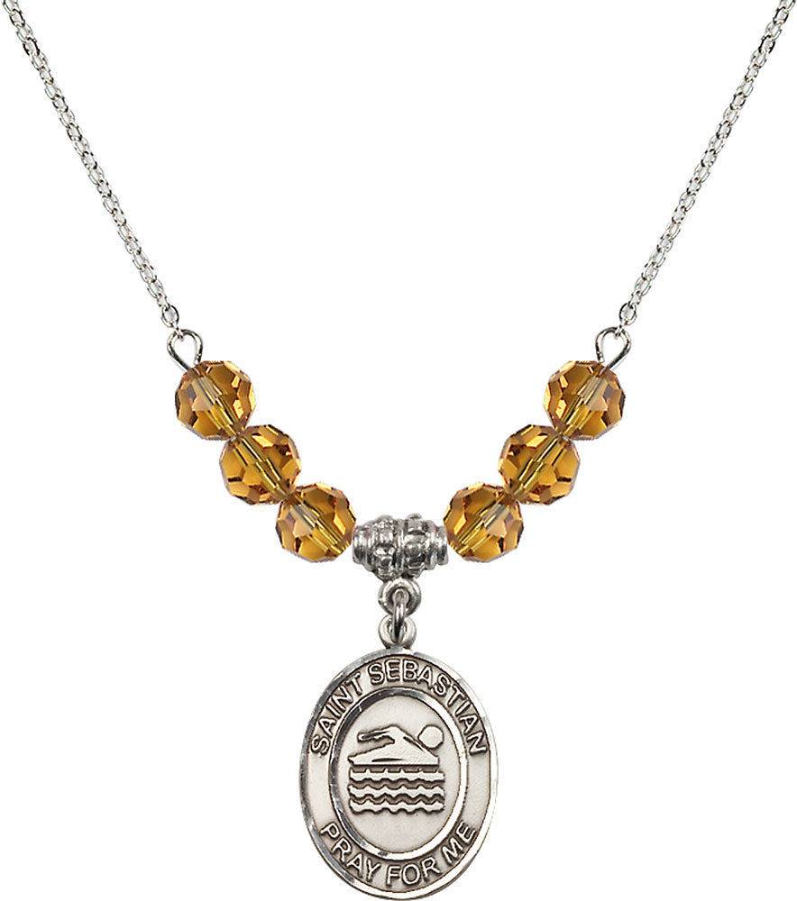Sterling Silver Saint Sebastian/Swimming Birthstone Necklace with Topaz Beads - 8167