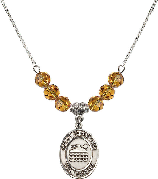 Sterling Silver Saint Sebastian/Swimming Birthstone Necklace with Topaz Beads - 8167