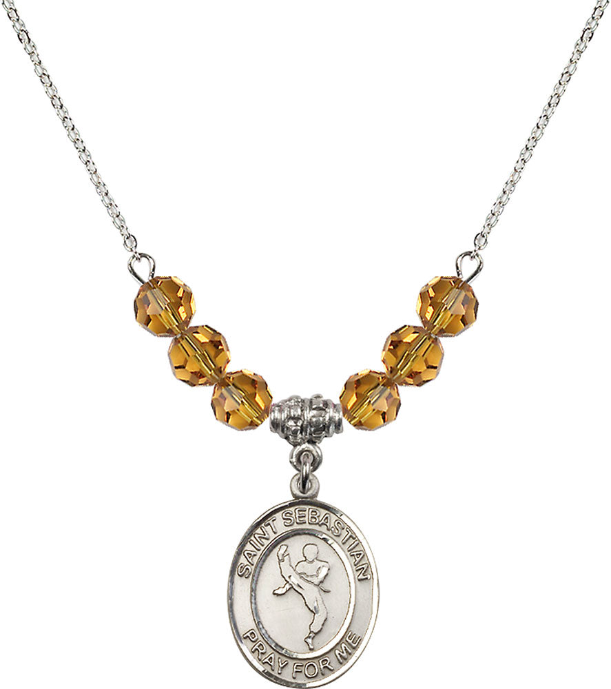 Sterling Silver Saint Sebastian/Martial Arts Birthstone Necklace with Topaz Beads - 8168