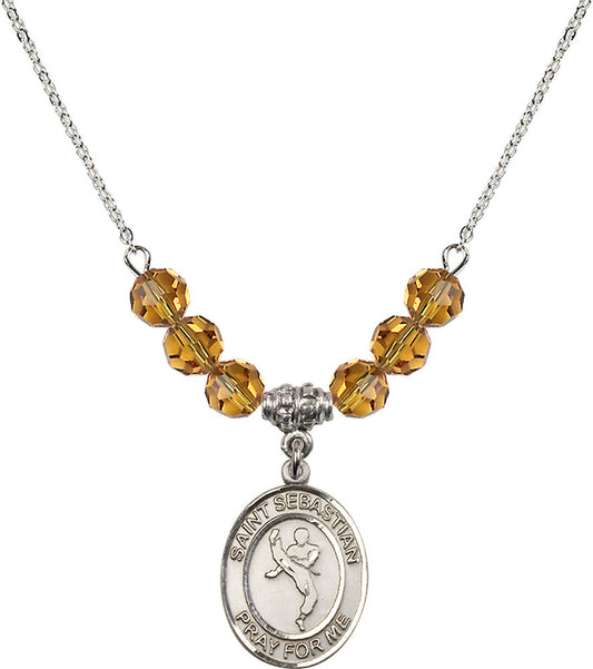 Sterling Silver Saint Sebastian/Martial Arts Birthstone Necklace with Topaz Beads - 8168