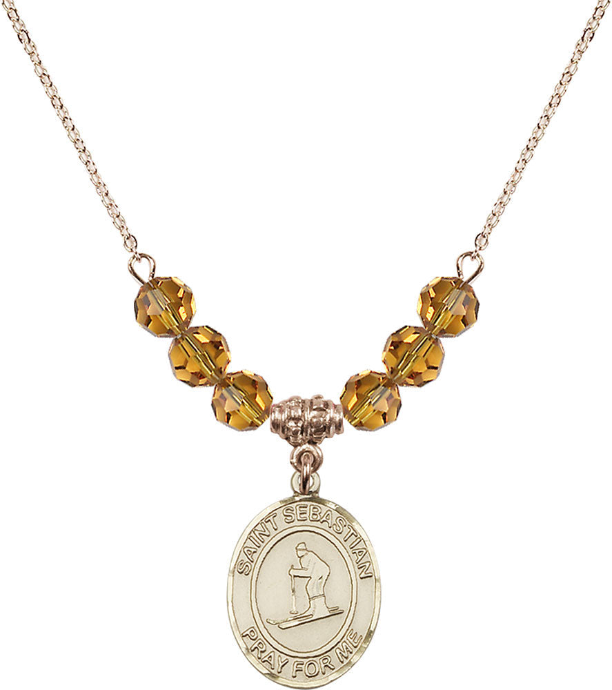 14kt Gold Filled Saint Sebastian/Skiing Birthstone Necklace with Topaz Beads - 8169