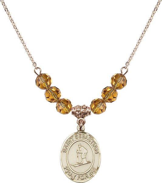 14kt Gold Filled Saint Sebastian/Skiing Birthstone Necklace with Topaz Beads - 8169