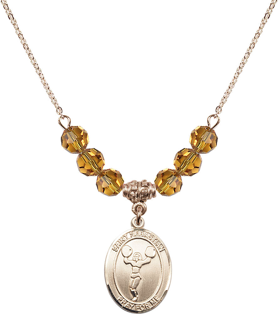 14kt Gold Filled Saint Sebastian/Cheerleading Birthstone Necklace with Topaz Beads - 8170