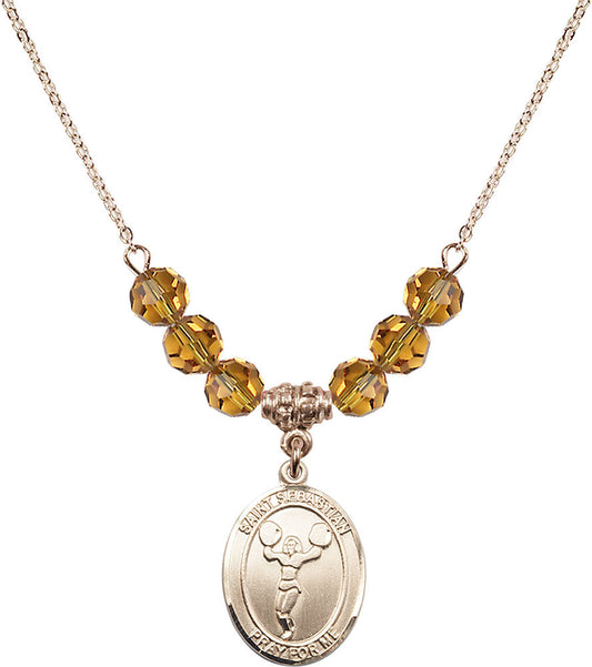 14kt Gold Filled Saint Sebastian/Cheerleading Birthstone Necklace with Topaz Beads - 8170