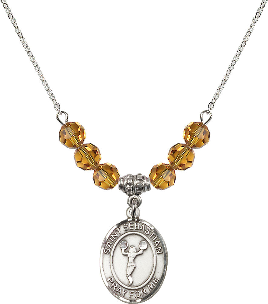 Sterling Silver Saint Sebastian/Cheerleading Birthstone Necklace with Topaz Beads - 8170