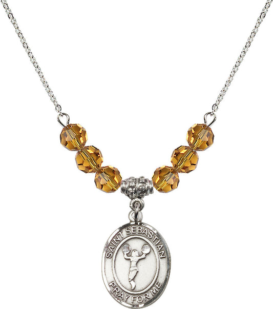 Sterling Silver Saint Sebastian/Cheerleading Birthstone Necklace with Topaz Beads - 8170