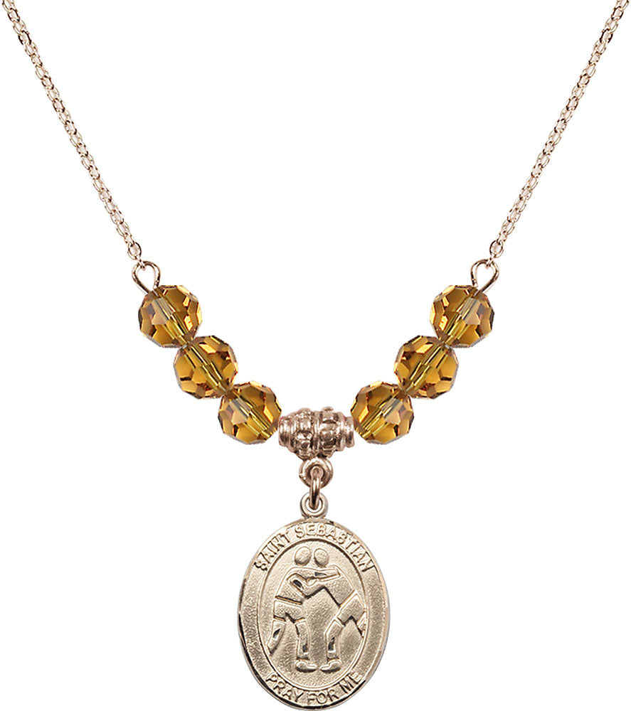 14kt Gold Filled Saint Sebastian/Wrestling Birthstone Necklace with Topaz Beads - 8171