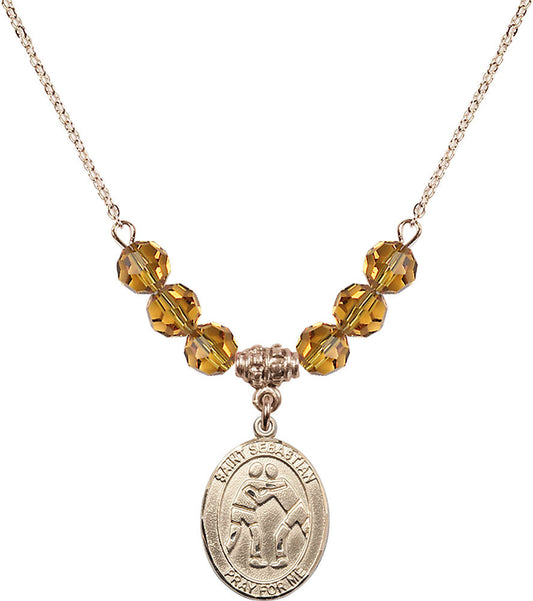 14kt Gold Filled Saint Sebastian/Wrestling Birthstone Necklace with Topaz Beads - 8171